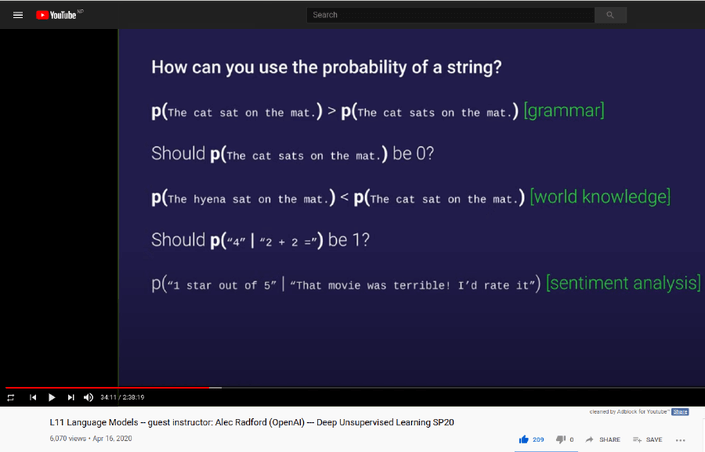 A screenshot of the YouTube video where Alec Redford gives presentation on knowledge captured in language models
