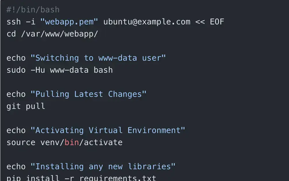Thumbnail showing the bash code for automatically running a set of commands on a remote server