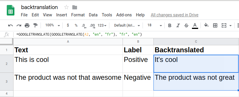 Example of translated rows