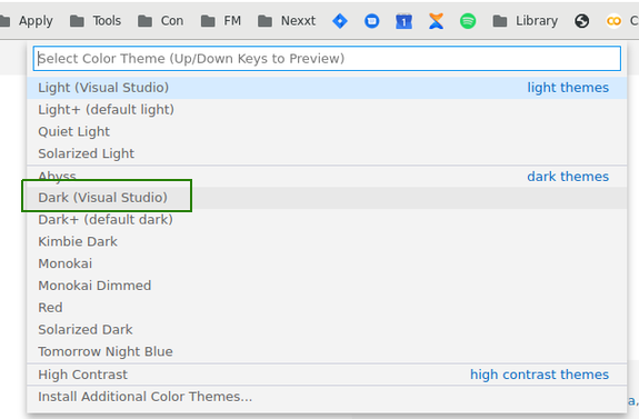 Theme selection interface on VSCode