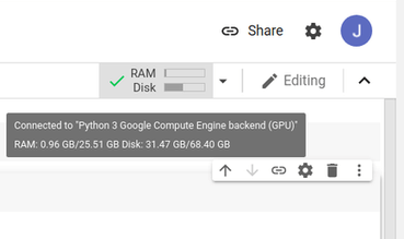 Showing current memory and ram usage in colab