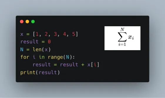 Thumbnail showing the equivalent python code for the math formula of summation of a list