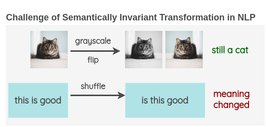 Thumbnail showing the difference between augmentation on an image vs text and challenge of semantically invariant transformation in NLP